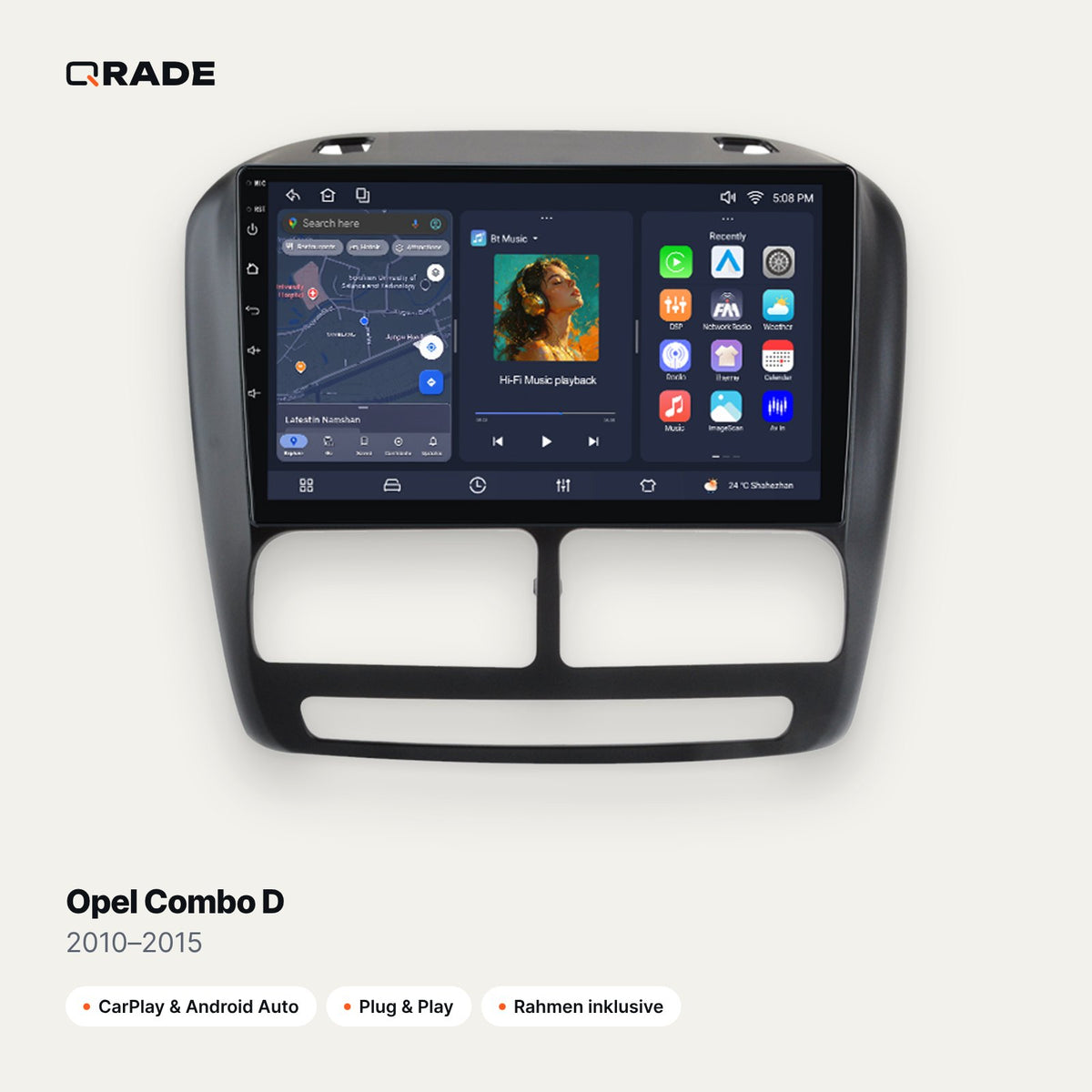 Qrade Autoradio für Opel Combo D (2010–2015) mit Wireless CarPlay & Android Auto
