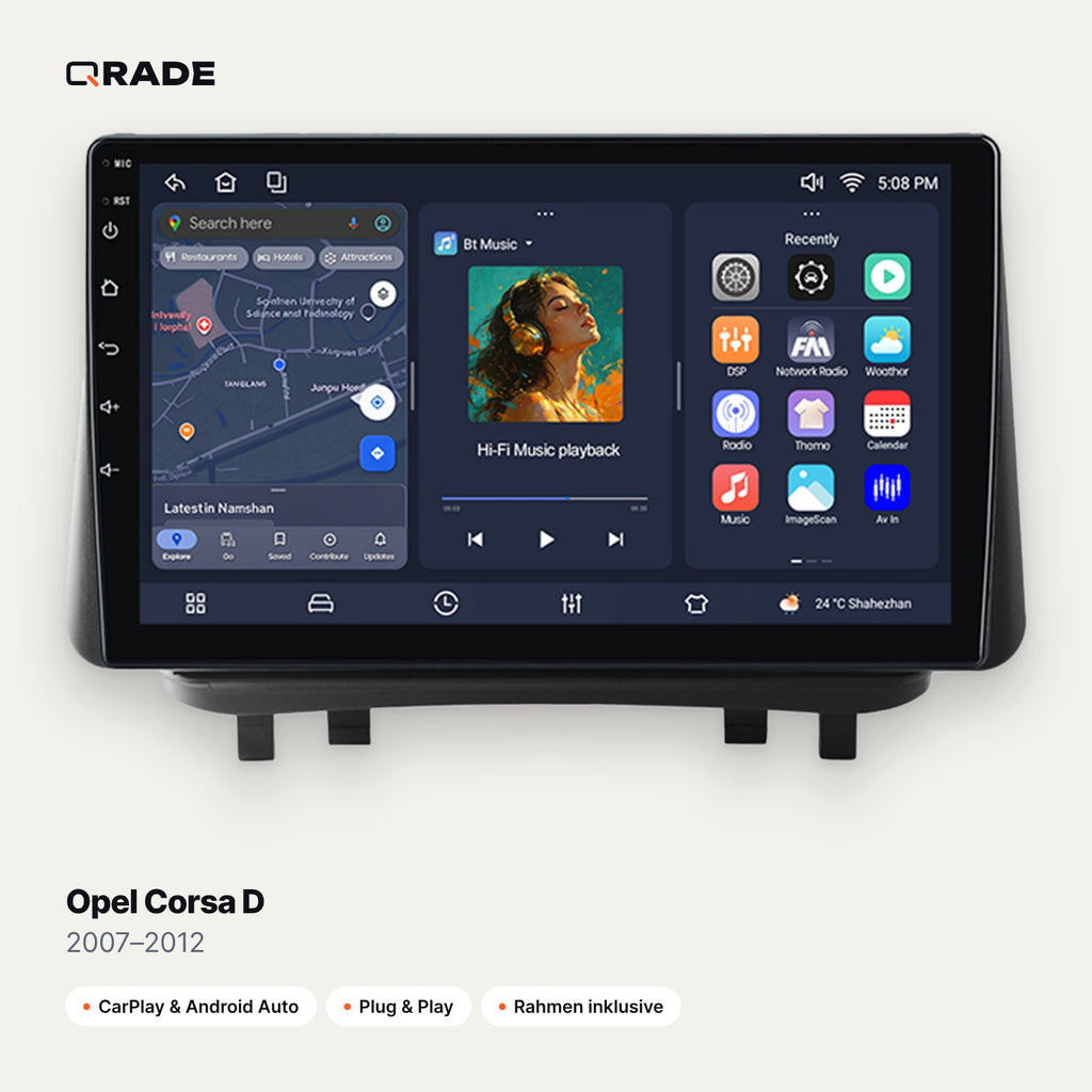 Qrade Autoradio für Opel Corsa D (2007–2012) mit Wireless CarPlay & Android Auto