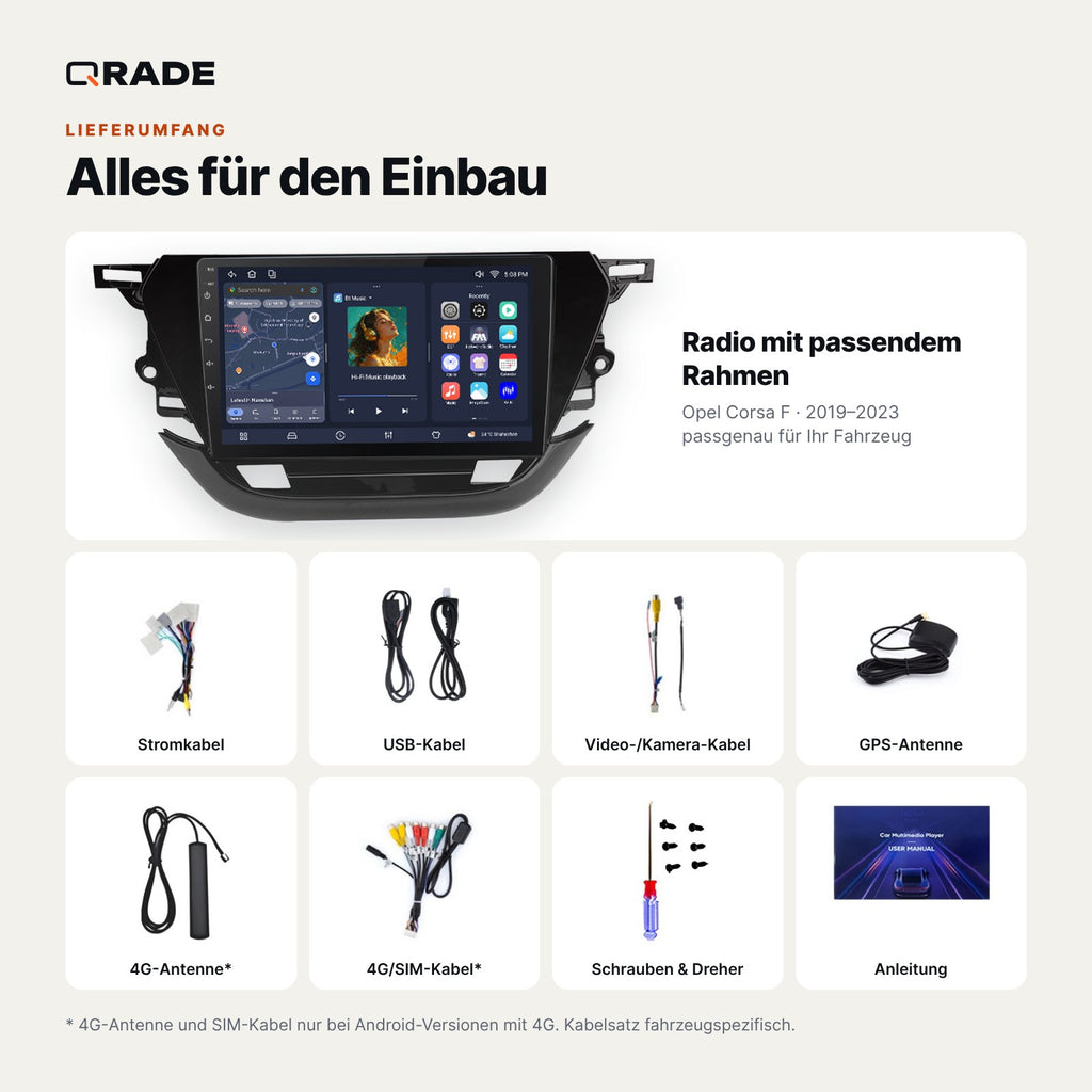 Lieferumfang: Opel Corsa F (2019–2023) – Qrade Autoradio mit Rahmen und Kabelsatz