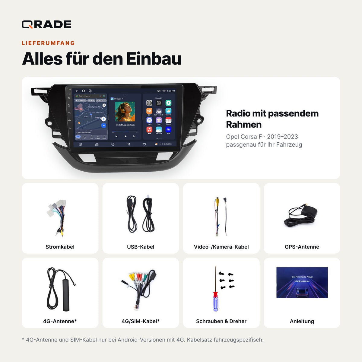 Lieferumfang: Opel Corsa F (2019–2023) – Qrade Autoradio mit Rahmen und Kabelsatz