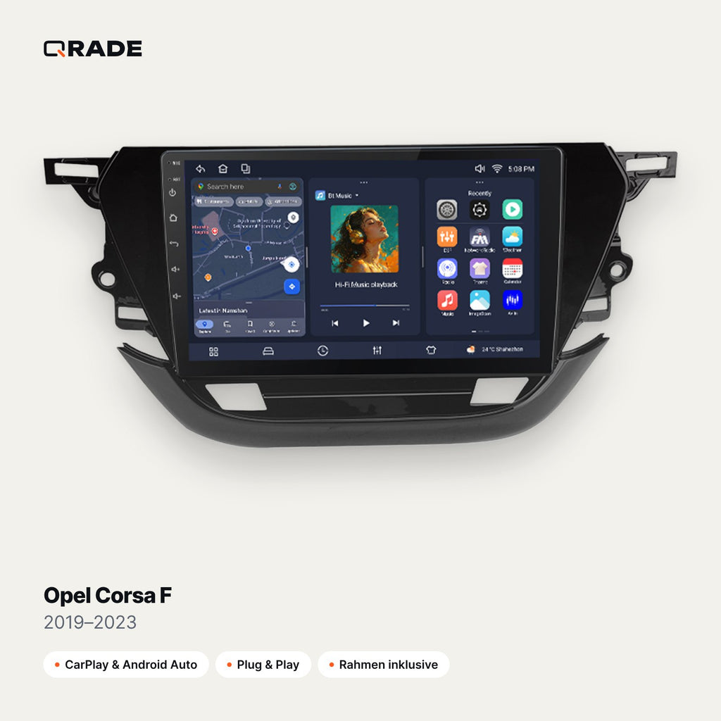 Qrade Autoradio für Opel Corsa F (2019–2023) mit Wireless CarPlay & Android Auto