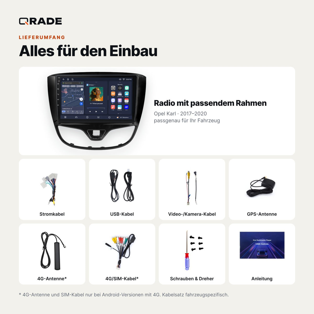 Lieferumfang: Opel Karl (2017–2020) – Qrade Autoradio mit Rahmen und Kabelsatz