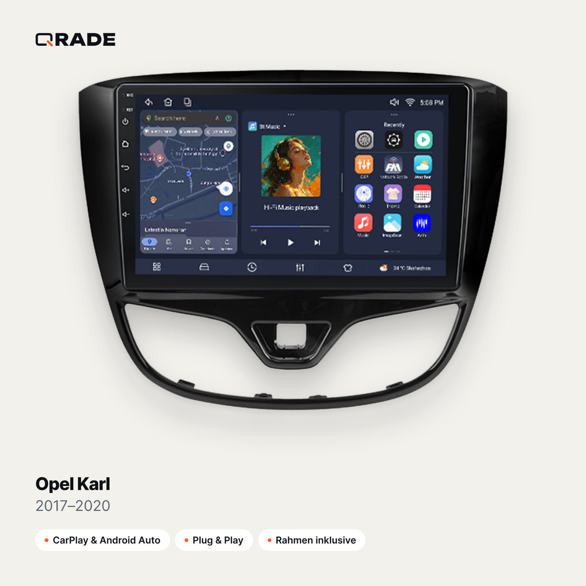 Qrade Autoradio für Opel Karl (2017–2020) mit Wireless CarPlay & Android Auto