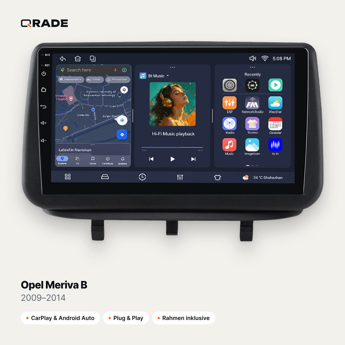 Qrade Autoradio für Opel Meriva B (2009–2014) mit Wireless CarPlay & Android Auto