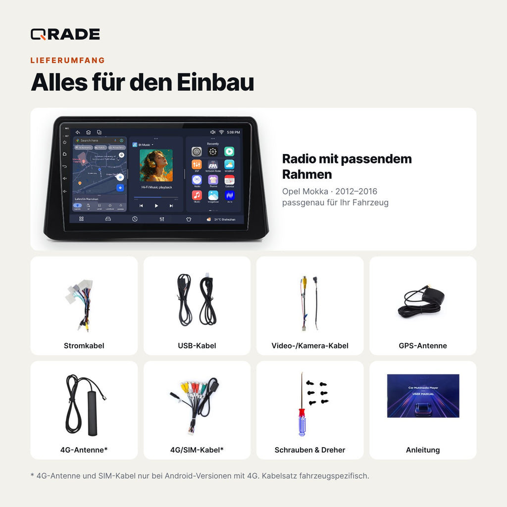 Lieferumfang: Opel Mokka (2012–2016) – Qrade Autoradio mit Rahmen und Kabelsatz