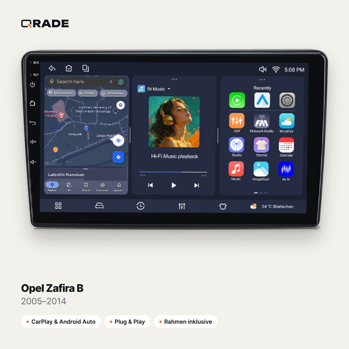 Qrade Autoradio für Opel Zafira B (2005–2014) mit Wireless CarPlay & Android Auto