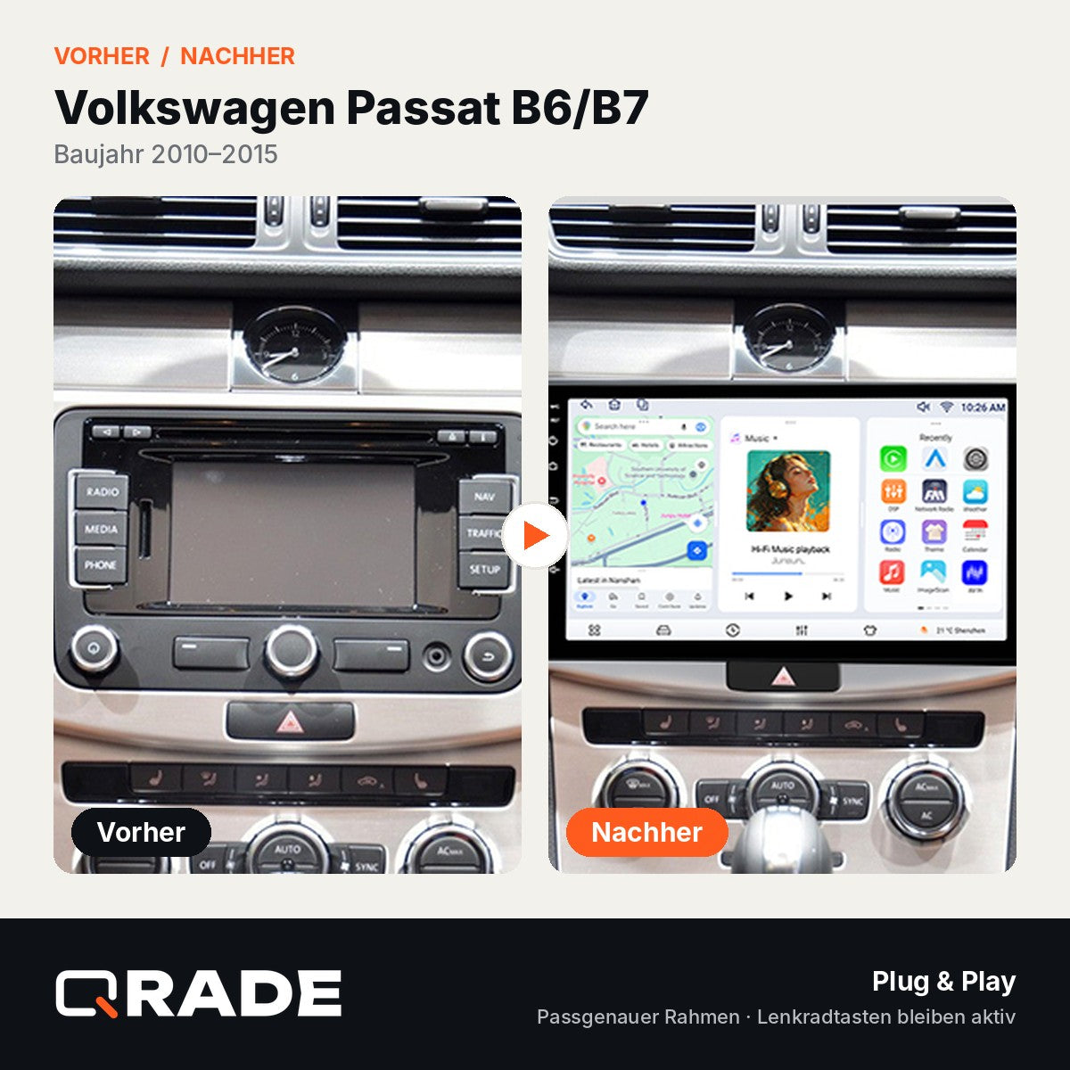 Passat B6 B7 CC 2010-2015 – Autoradio mit Wireless CarPlay & Android Auto