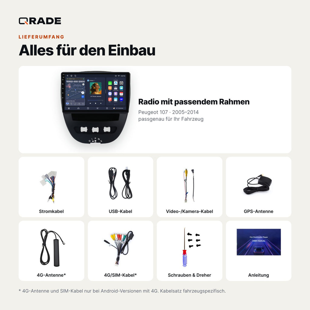 Lieferumfang: Peugeot 107 (2005–2014) – Qrade Autoradio mit Rahmen und Kabelsatz