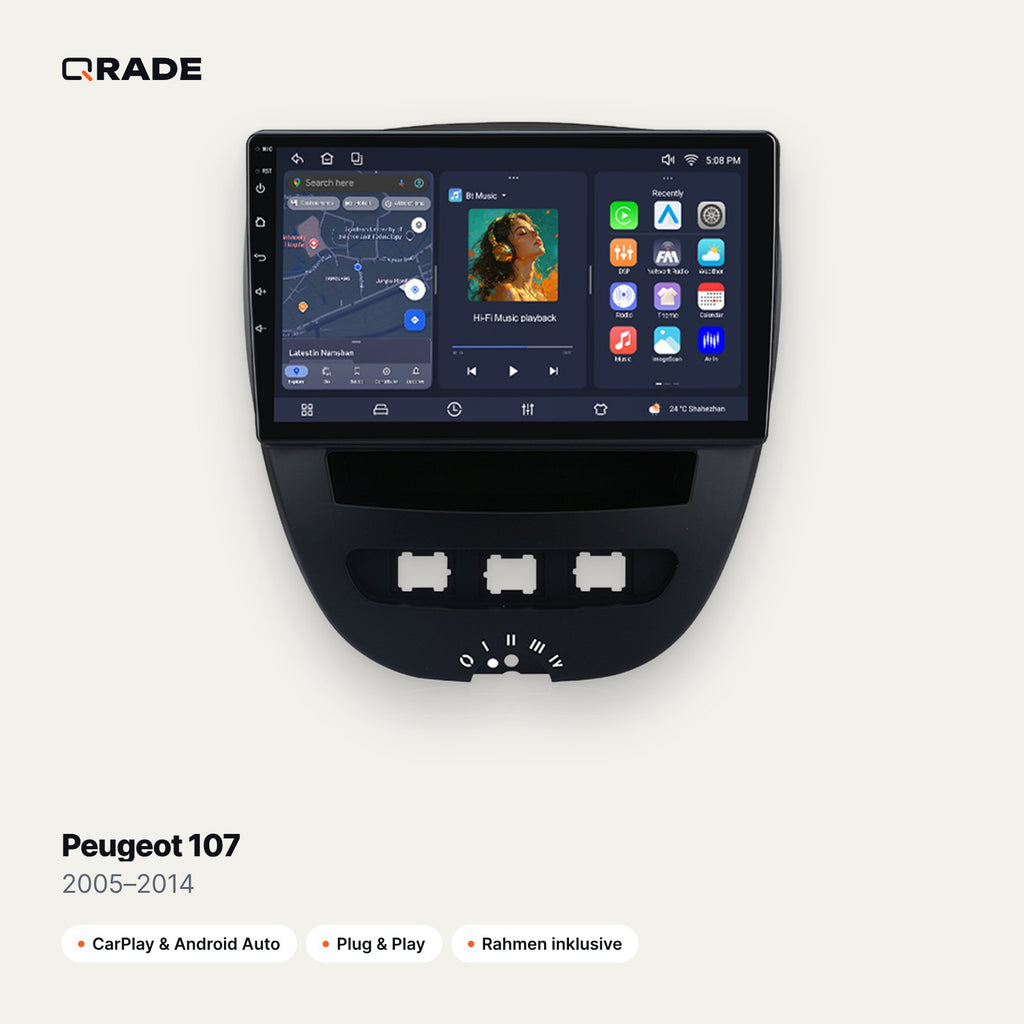 Qrade Autoradio für Peugeot 107 (2005–2014) mit Wireless CarPlay & Android Auto