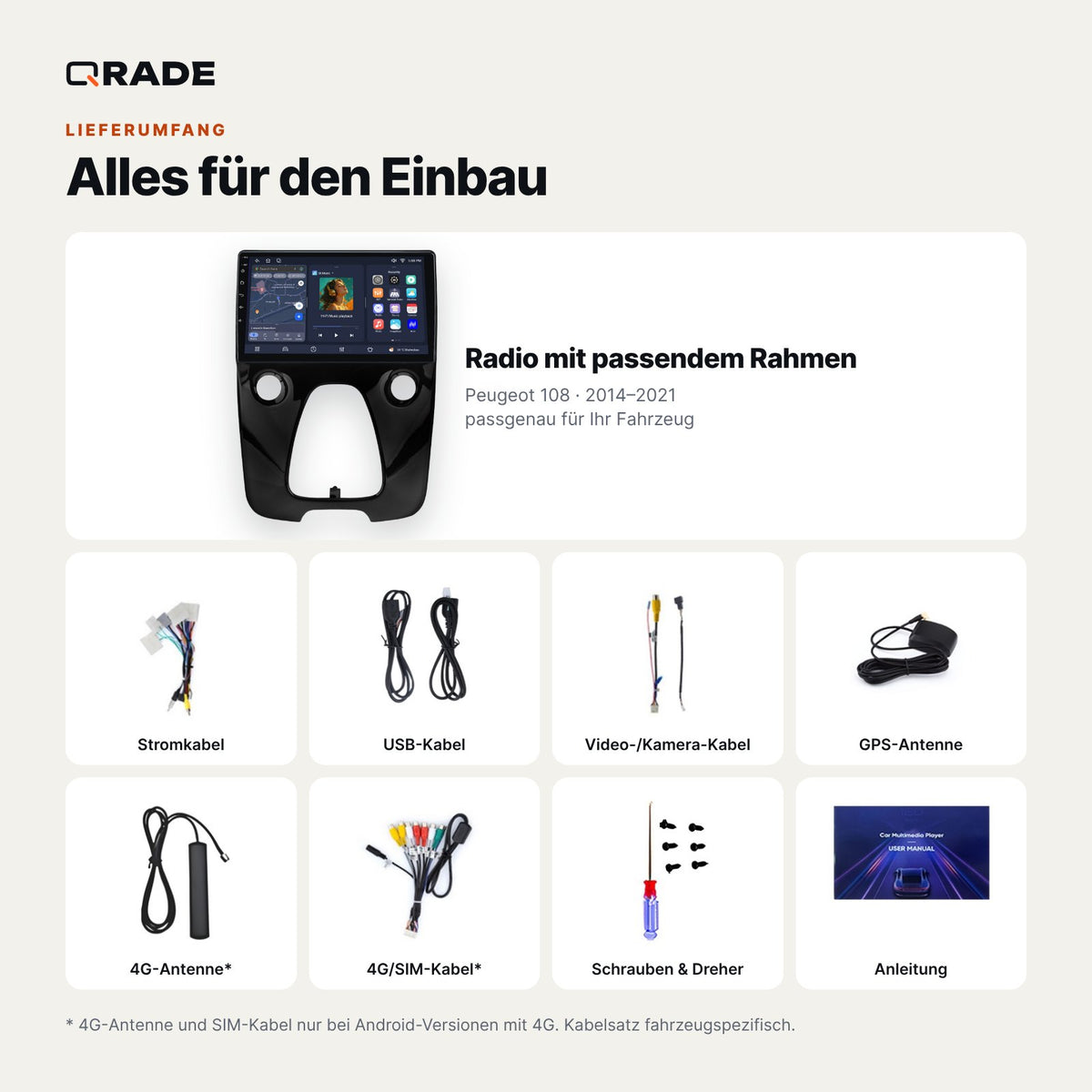 Lieferumfang: Peugeot 108 (2014–2021) – Qrade Autoradio mit Rahmen und Kabelsatz