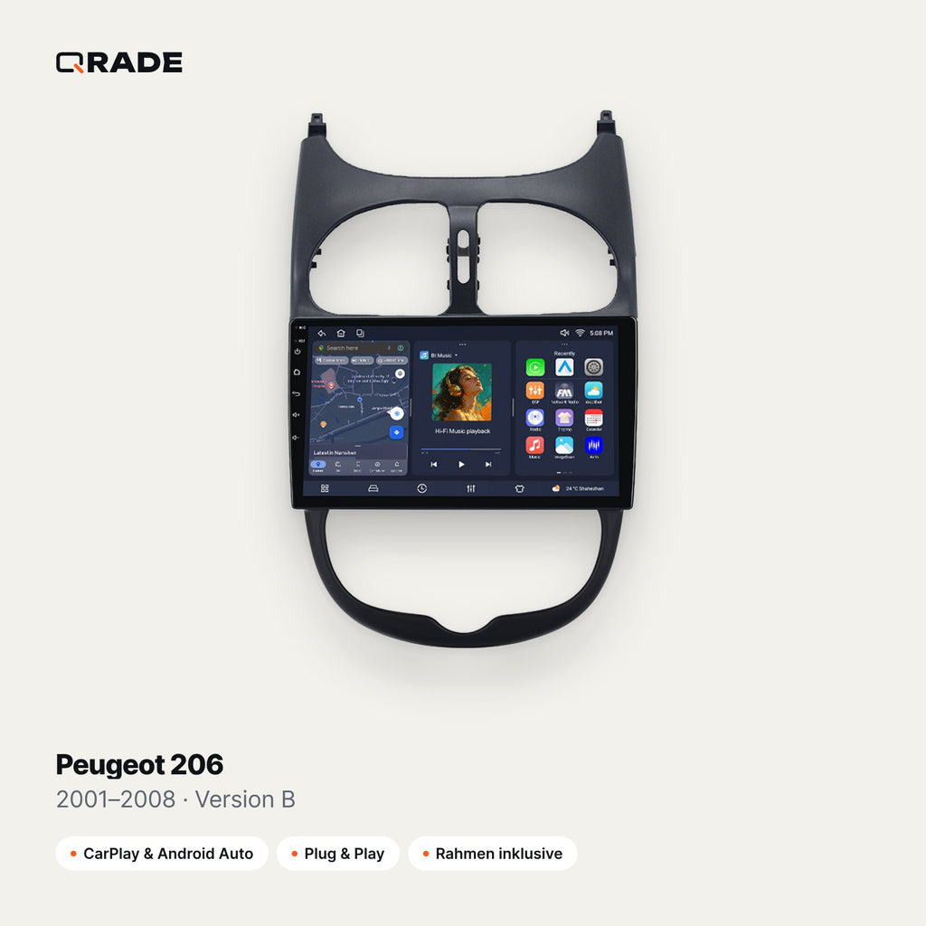 Qrade Autoradio für Peugeot 206 (2001–2008), Version B mit Wireless CarPlay & Android Auto