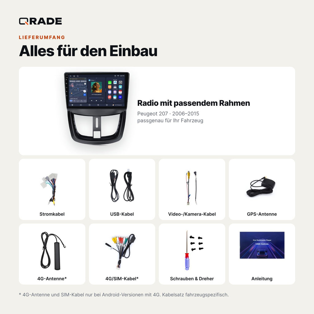 Lieferumfang: Peugeot 207 (2006–2015) – Qrade Autoradio mit Rahmen und Kabelsatz