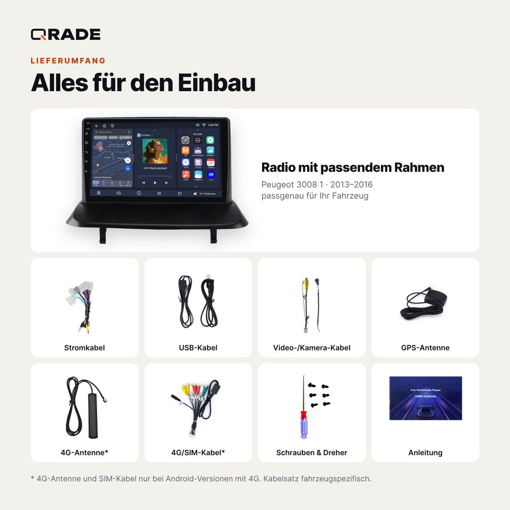 Lieferumfang: Peugeot 3008 1 (2013–2016) – Qrade Autoradio mit Rahmen und Kabelsatz