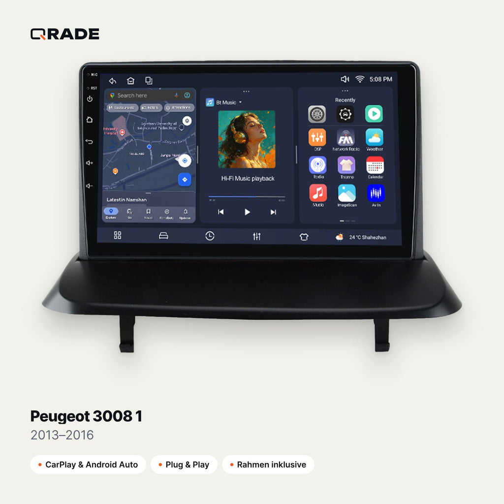 Qrade Autoradio für Peugeot 3008 1 (2013–2016) mit Wireless CarPlay & Android Auto