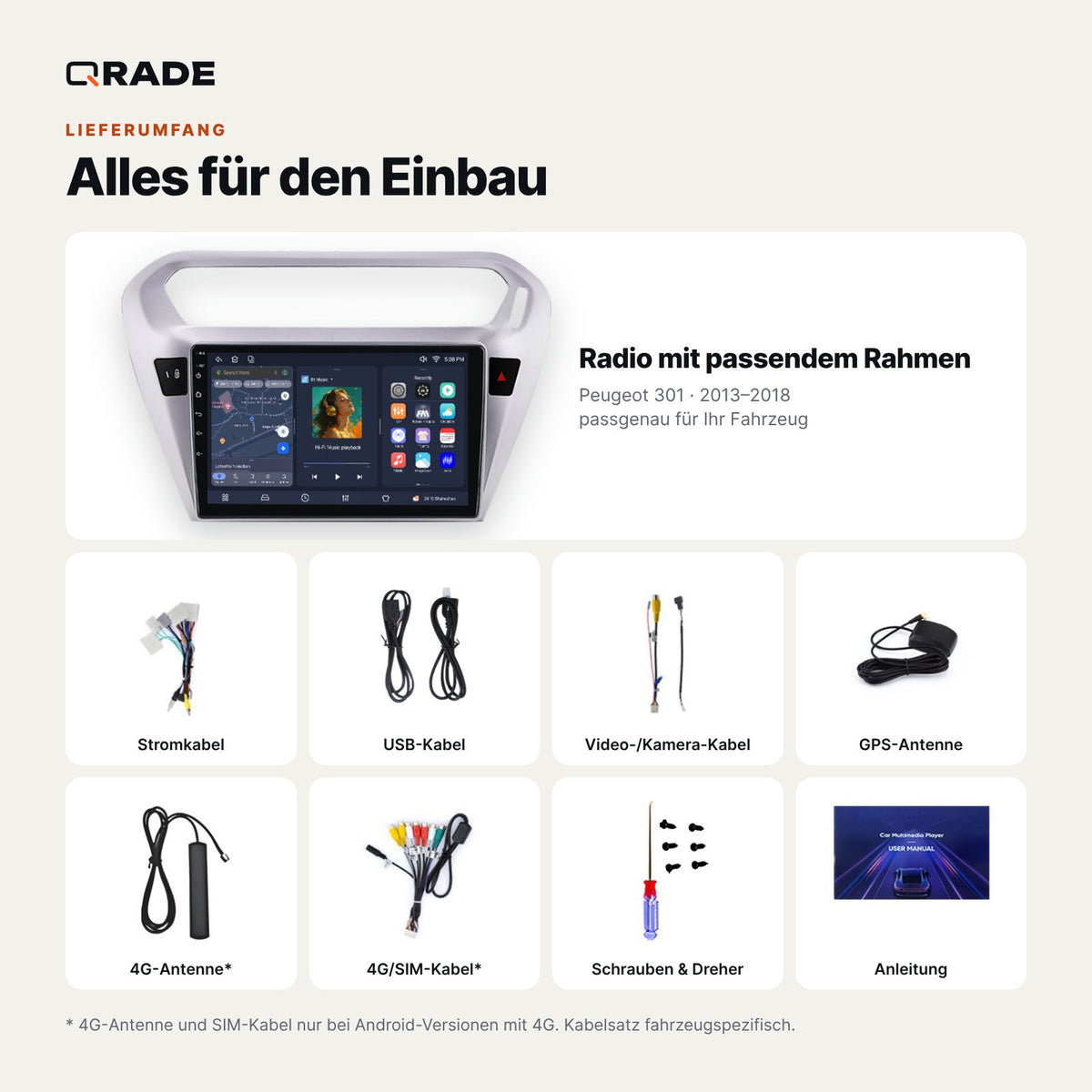Lieferumfang: Peugeot 301 (2013–2018) – Qrade Autoradio mit Rahmen und Kabelsatz