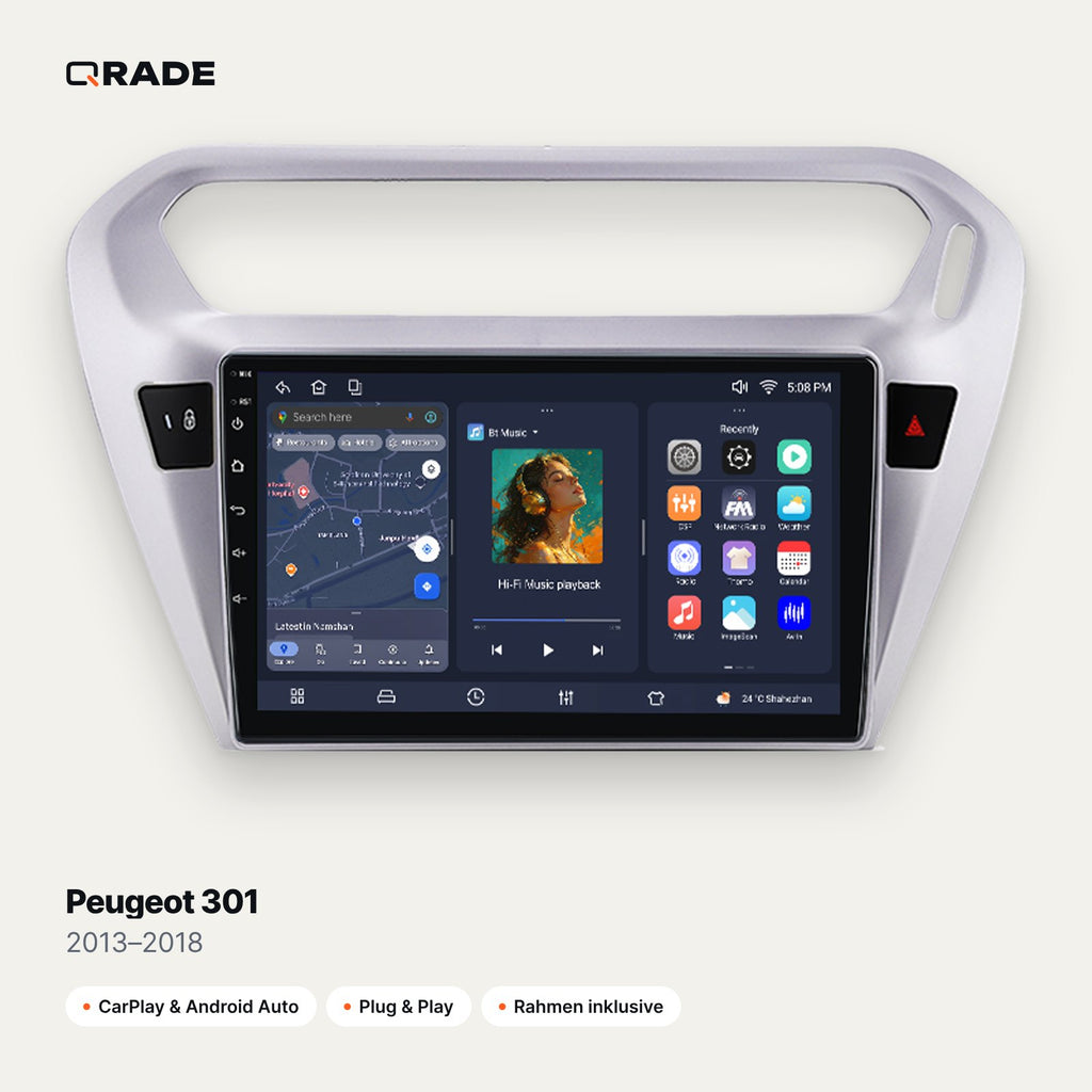 Qrade Autoradio für Peugeot 301 (2013–2018) mit Wireless CarPlay & Android Auto