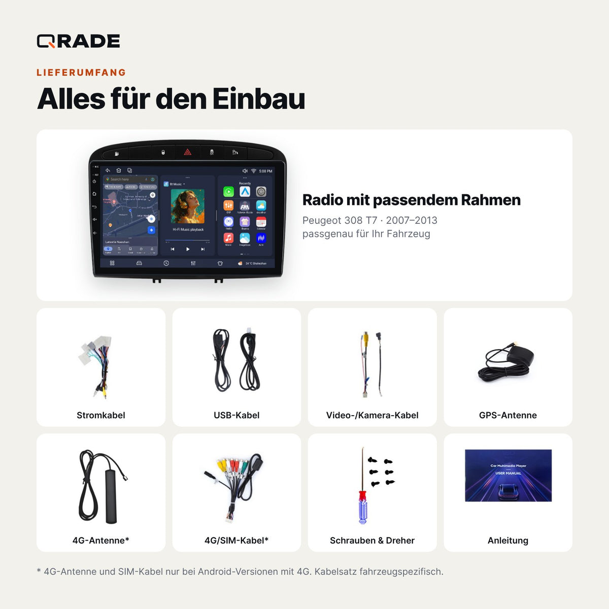 Lieferumfang: Peugeot 308 T7 (2007–2013) – Qrade Autoradio mit Rahmen und Kabelsatz