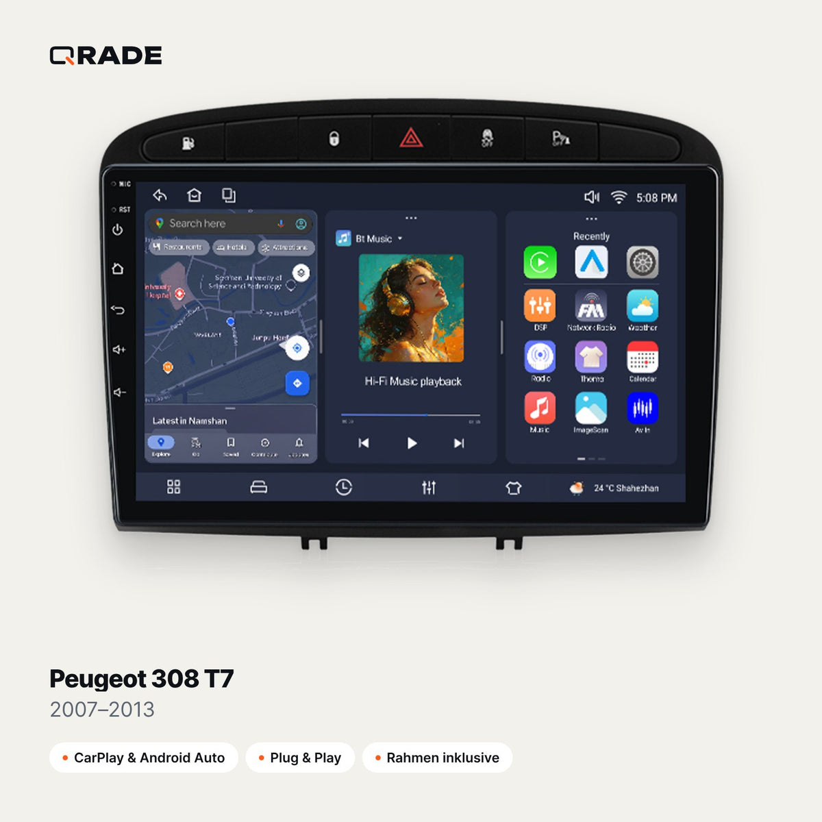 Qrade Autoradio für Peugeot 308 T7 (2007–2013) mit Wireless CarPlay & Android Auto