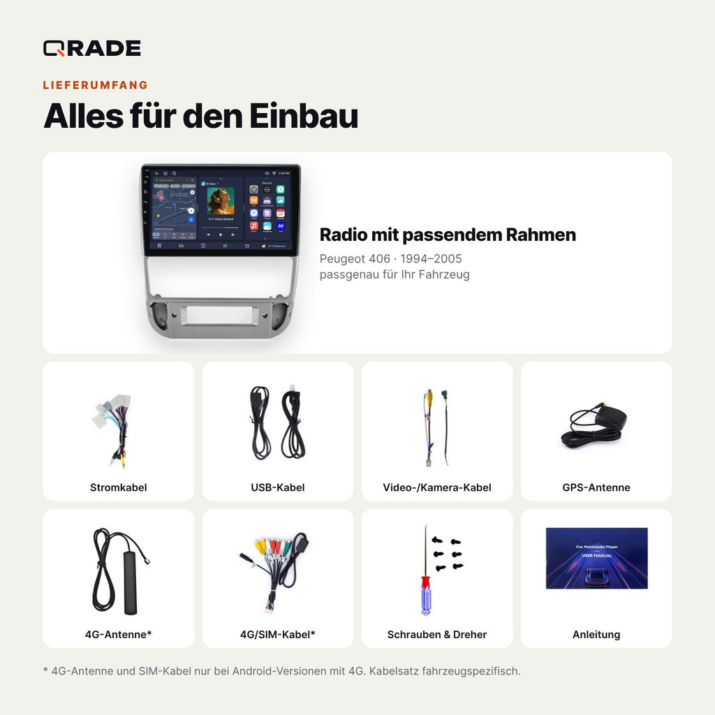 Lieferumfang: Peugeot 406 (1994–2005) – Qrade Autoradio mit Rahmen und Kabelsatz