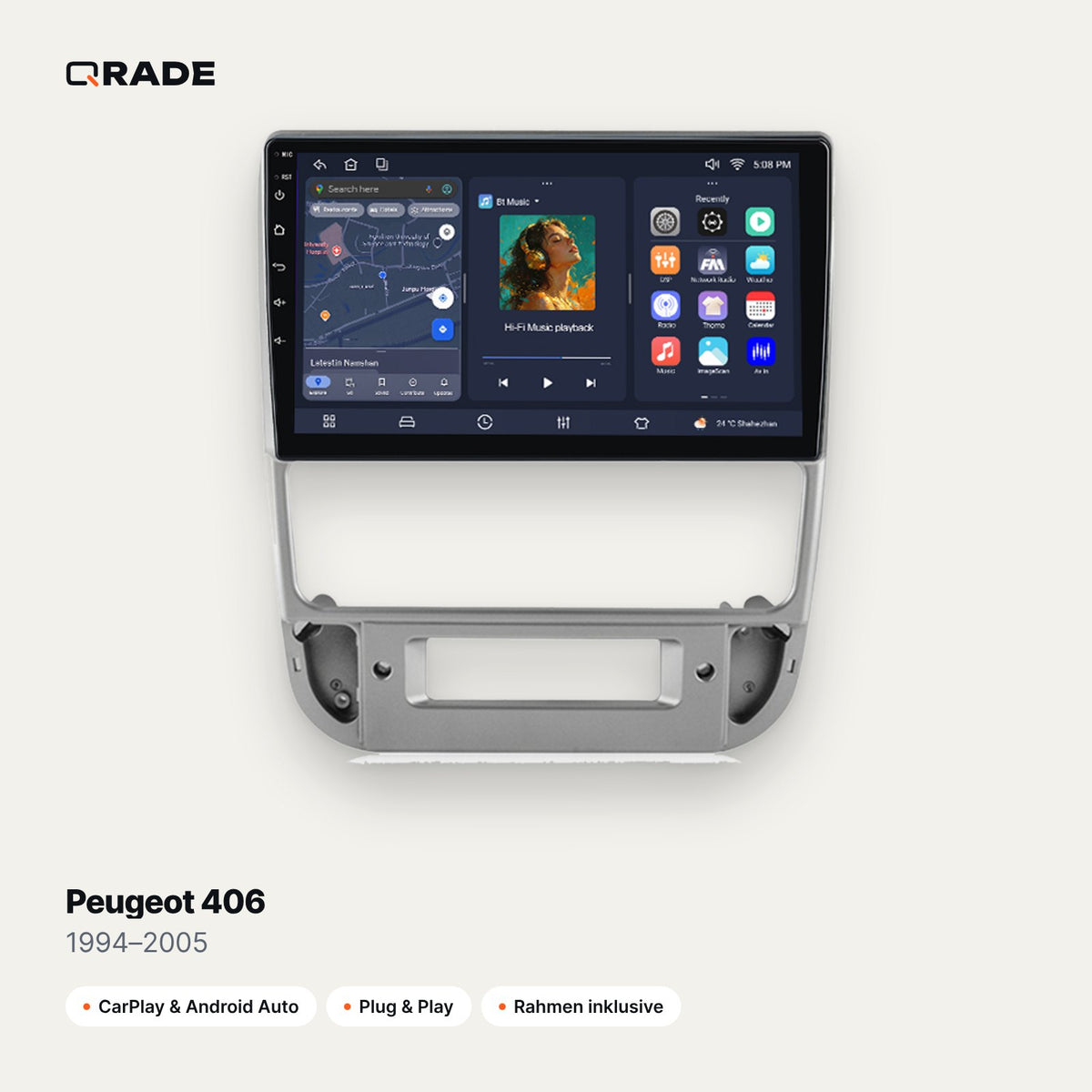 Qrade Autoradio für Peugeot 406 (1994–2005) mit Wireless CarPlay & Android Auto