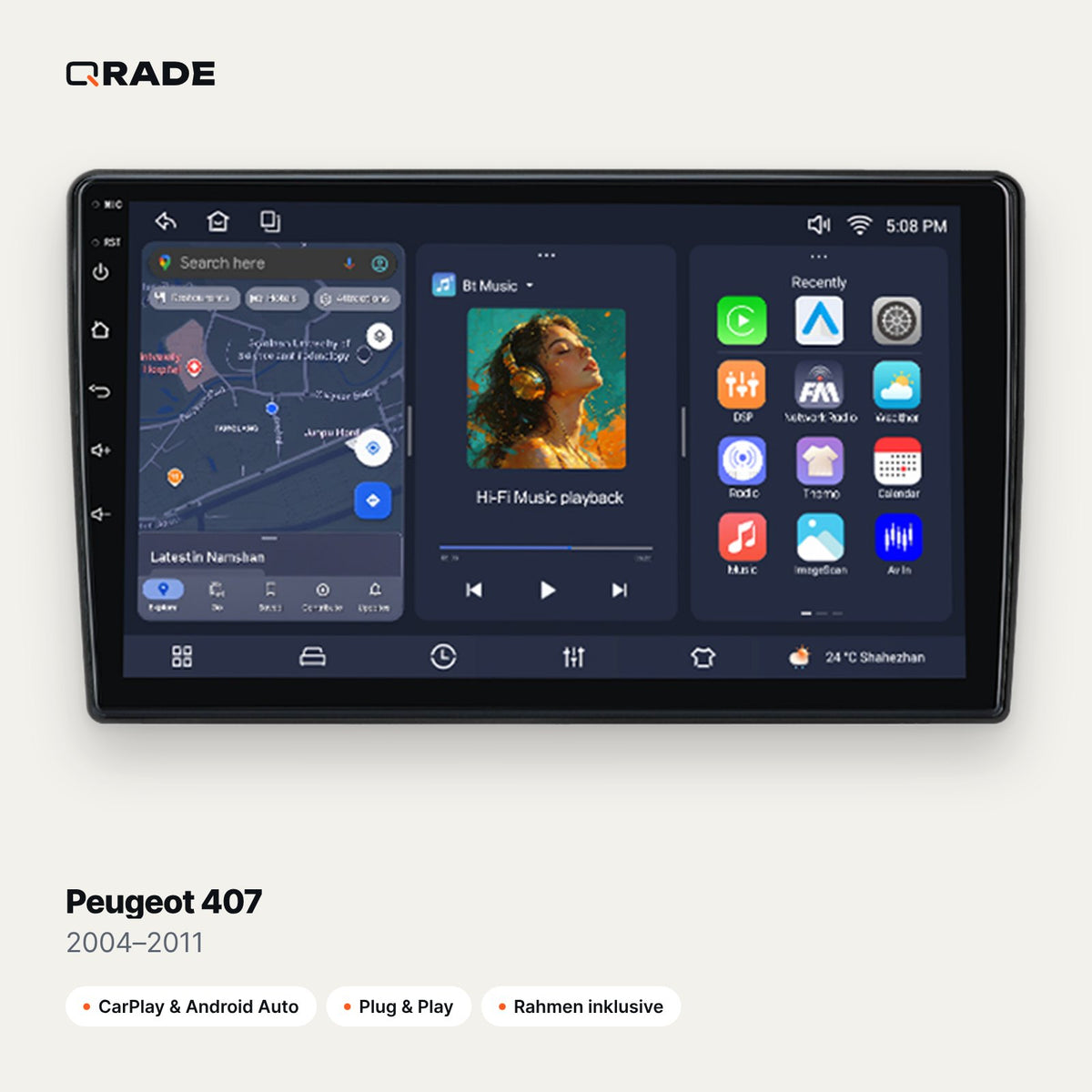 Qrade Autoradio für Peugeot 407 (2004–2011) mit Wireless CarPlay & Android Auto