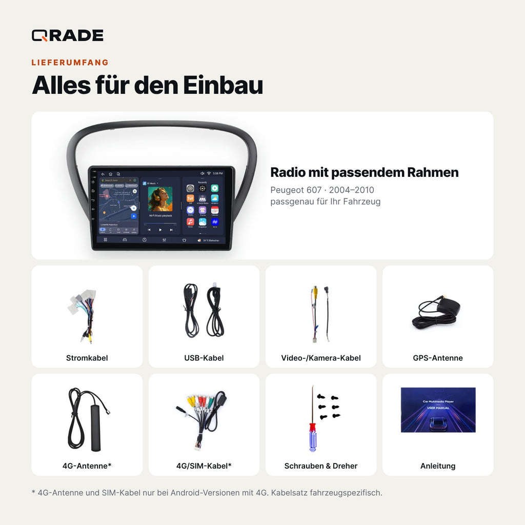 Lieferumfang: Peugeot 607 (2004–2010) – Qrade Autoradio mit Rahmen und Kabelsatz