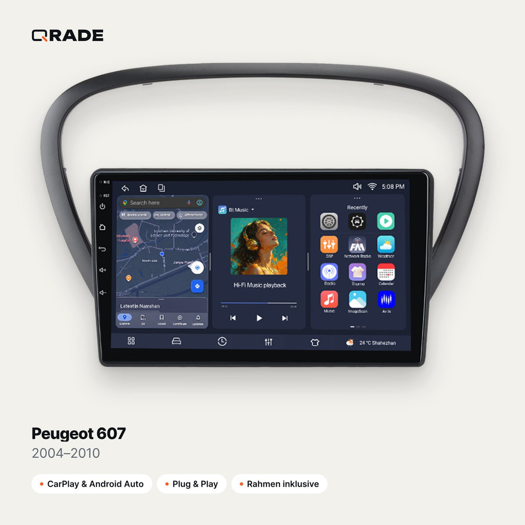 Qrade Autoradio für Peugeot 607 (2004–2010) mit Wireless CarPlay & Android Auto