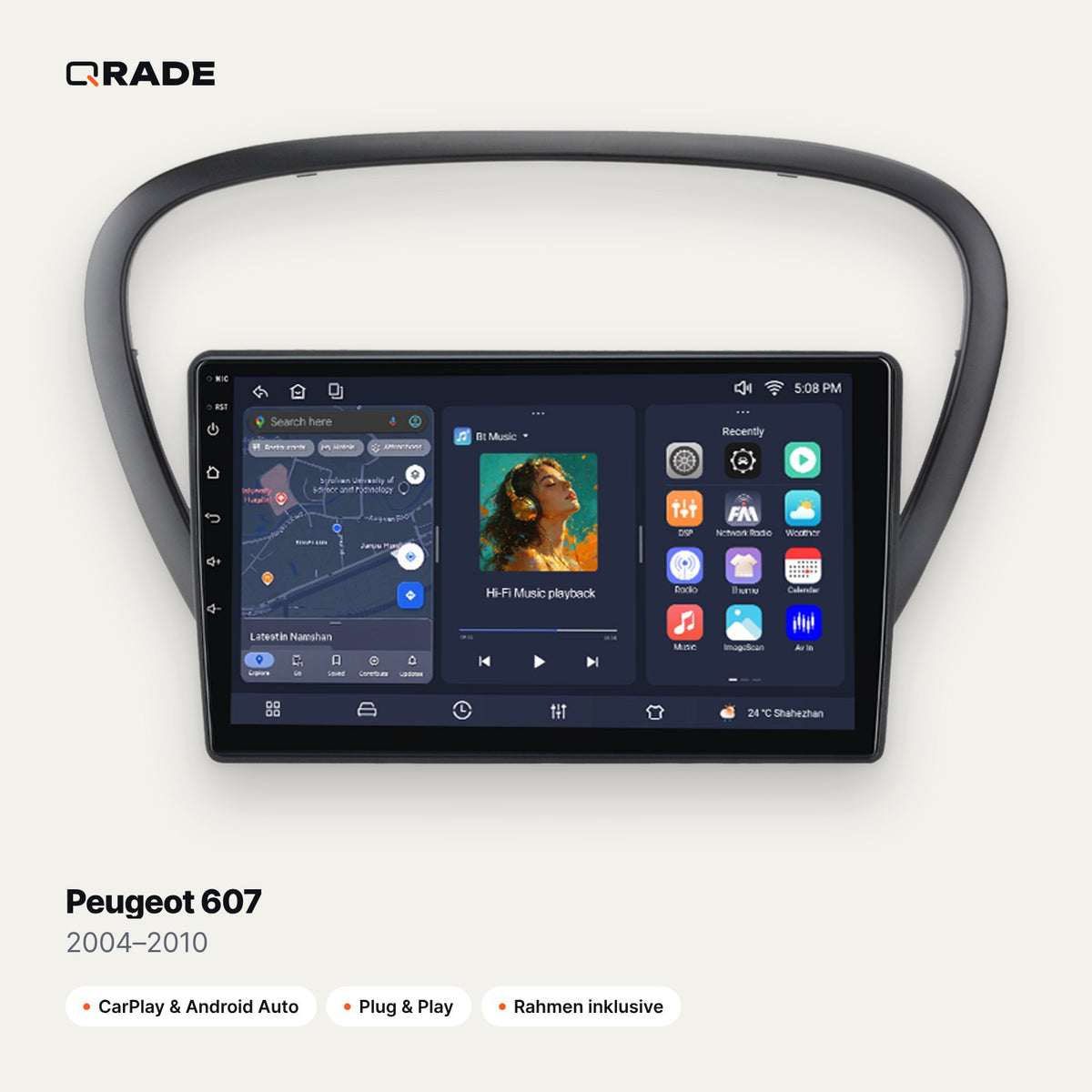 Qrade Autoradio für Peugeot 607 (2004–2010) mit Wireless CarPlay & Android Auto