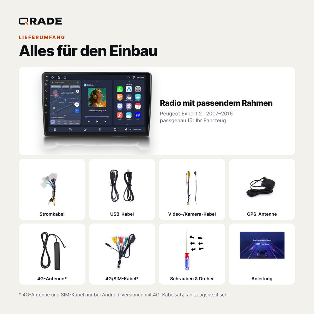 Lieferumfang: Peugeot Expert 2 (2007–2016) – Qrade Autoradio mit Rahmen und Kabelsatz
