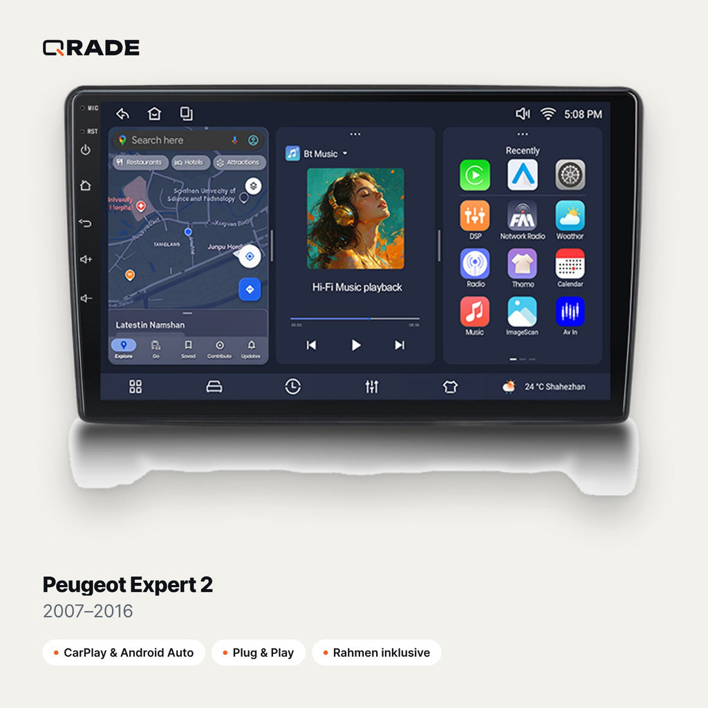 Qrade Autoradio für Peugeot Expert 2 (2007–2016) mit Wireless CarPlay & Android Auto