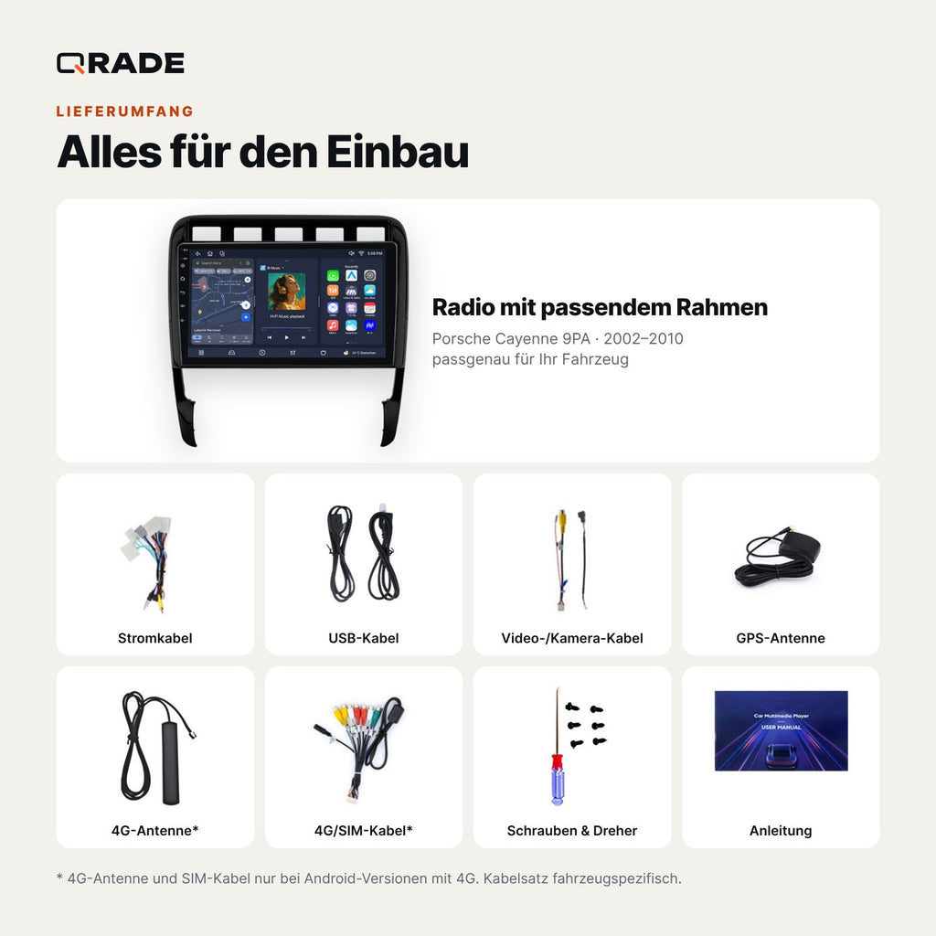Lieferumfang: Porsche Cayenne 9PA (2002–2010) – Qrade Autoradio mit Rahmen und Kabelsatz