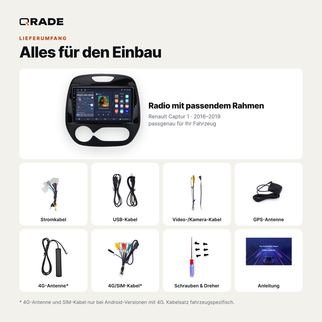 Lieferumfang: Renault Captur 1 (2016–2019) – Qrade Autoradio mit Rahmen und Kabelsatz