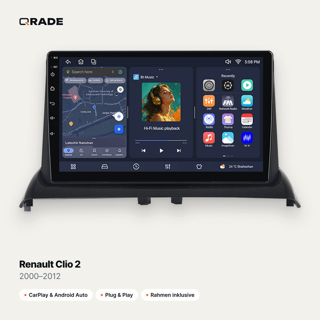 Qrade Autoradio für Renault Clio 2 (2000–2012) mit Wireless CarPlay & Android Auto