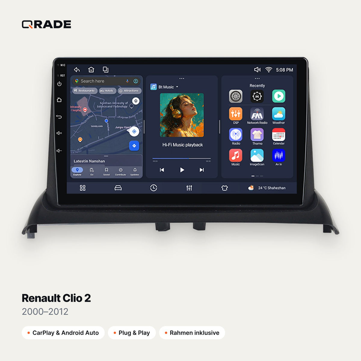 Qrade Autoradio für Renault Clio 2 (2000–2012) mit Wireless CarPlay & Android Auto