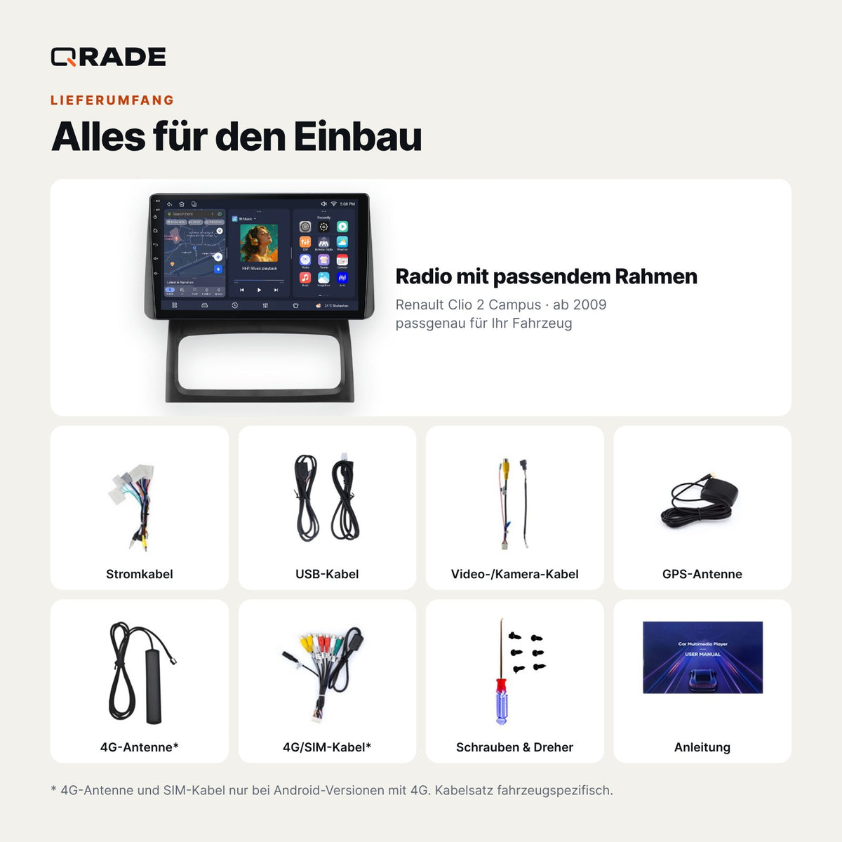 Lieferumfang: Renault Clio 2 Campus (ab 2009) – Qrade Autoradio mit Rahmen und Kabelsatz