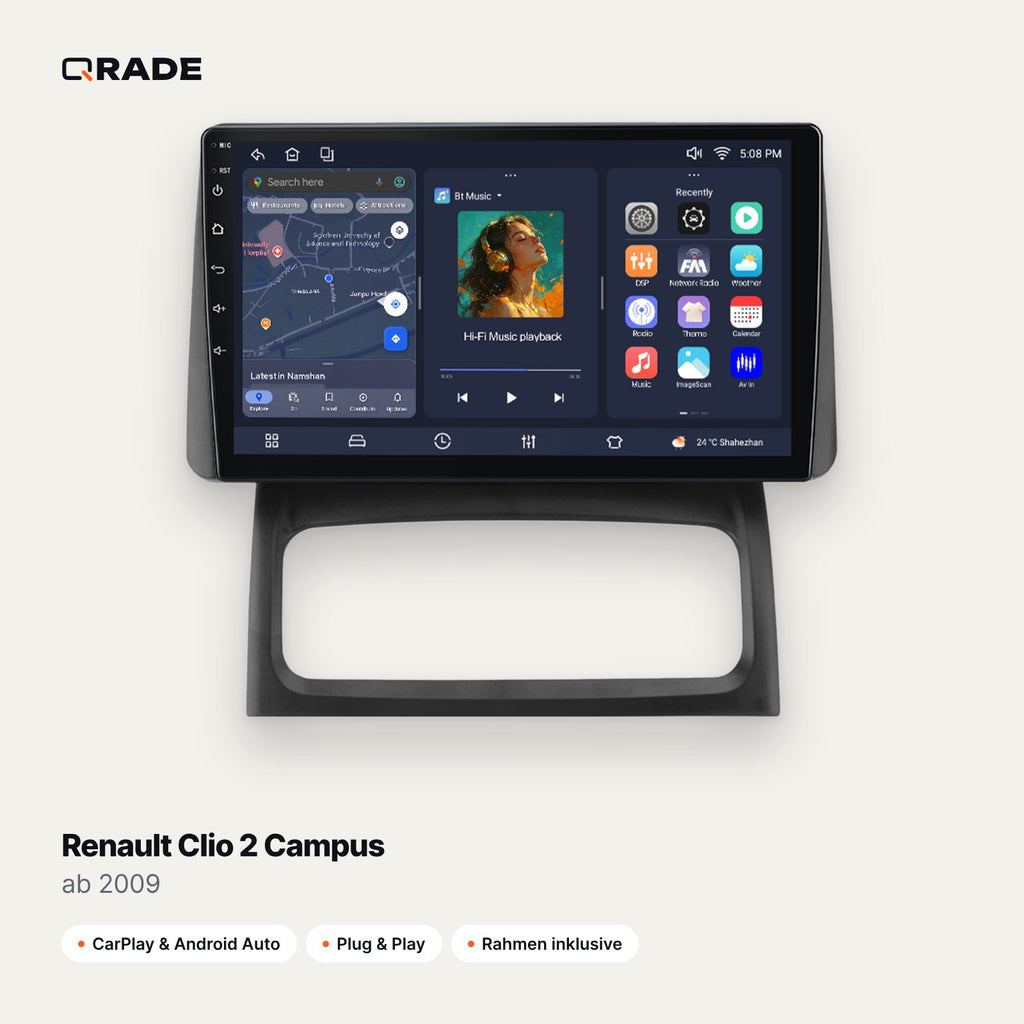 Qrade Autoradio für Renault Clio 2 Campus (ab 2009) mit Wireless CarPlay & Android Auto