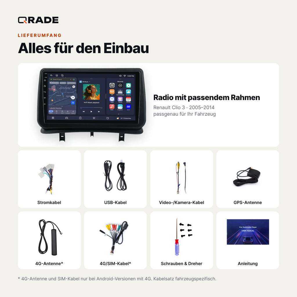 Lieferumfang: Renault Clio 3 (2005–2014) – Qrade Autoradio mit Rahmen und Kabelsatz