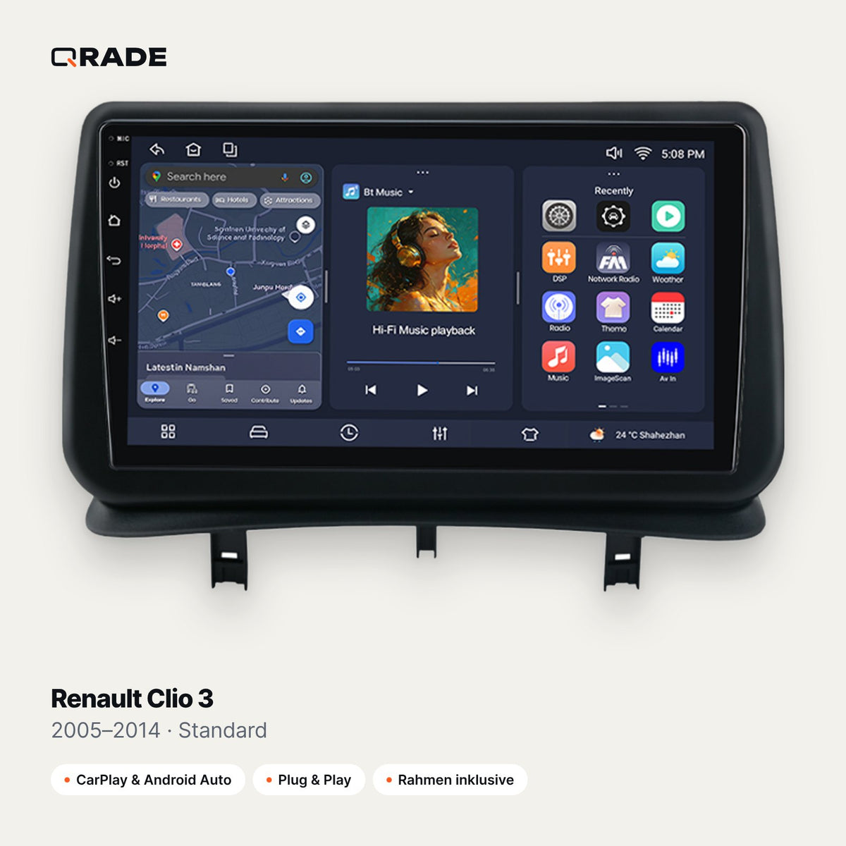 Qrade Autoradio für Renault Clio 3 (2005–2014), Standard mit Wireless CarPlay & Android Auto