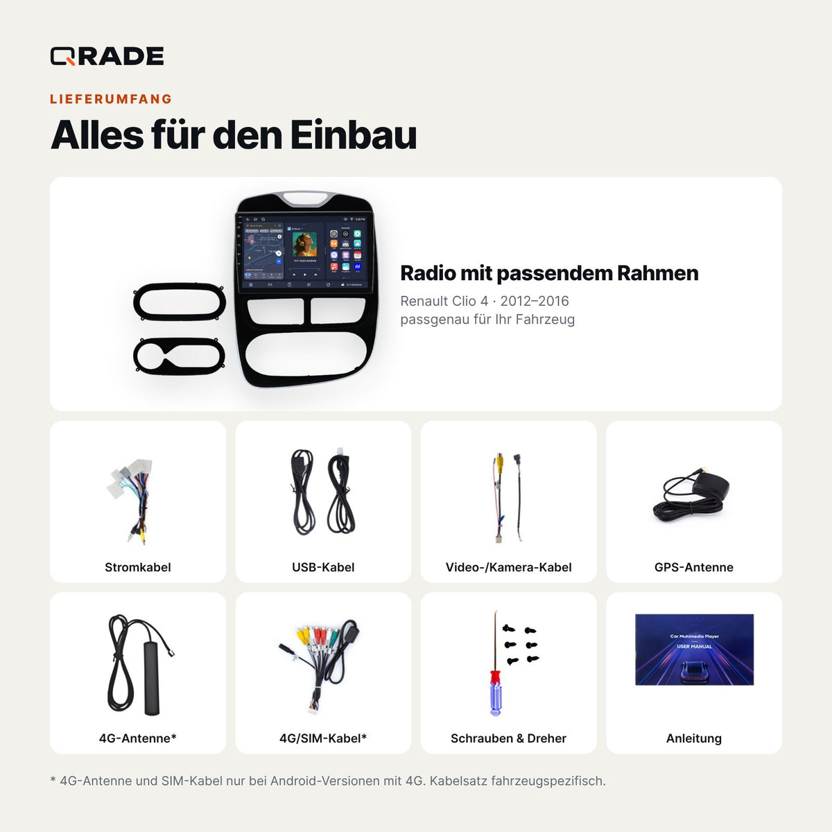 Lieferumfang: Renault Clio 4 (2012–2016) – Qrade Autoradio mit Rahmen und Kabelsatz