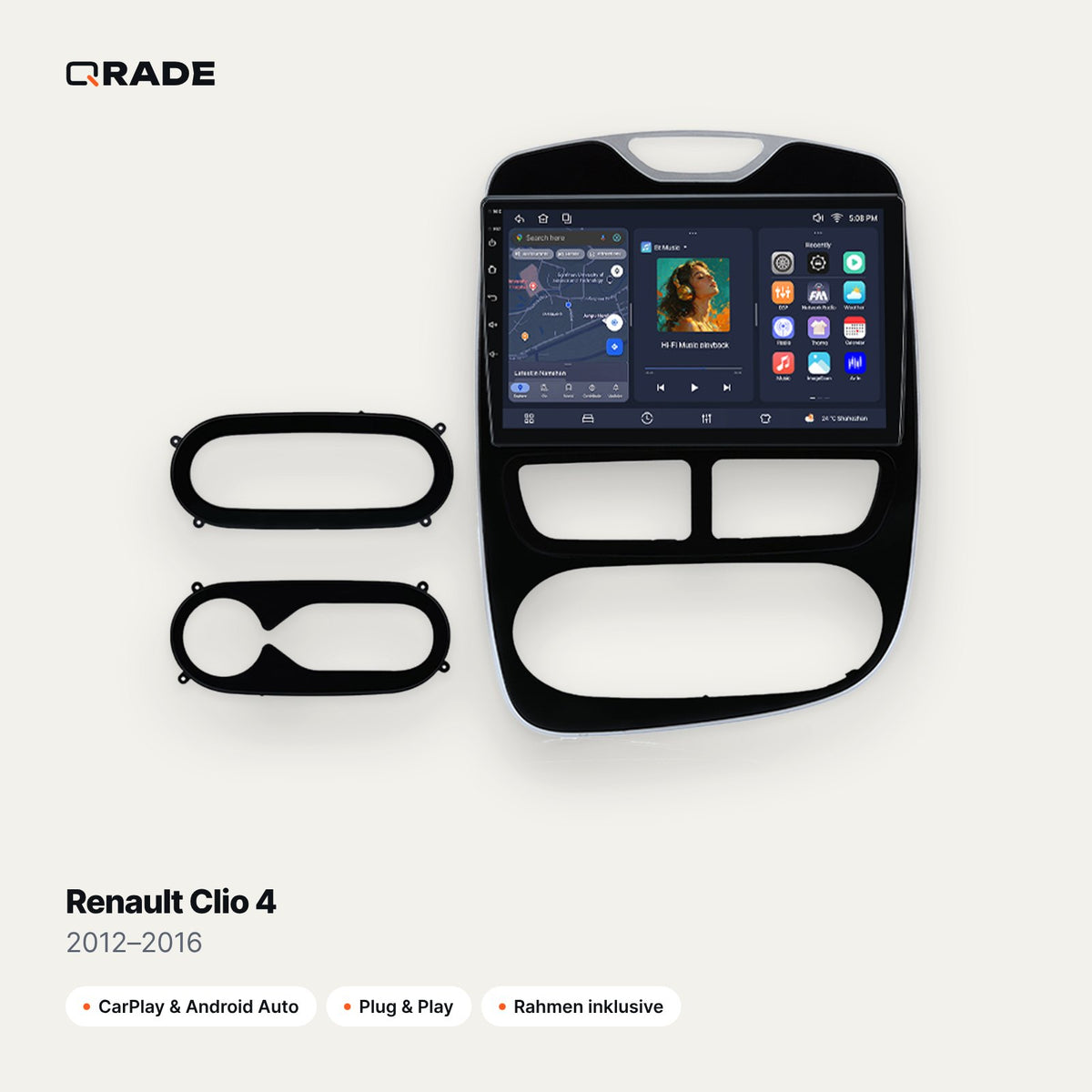 Qrade Autoradio für Renault Clio 4 (2012–2016) mit Wireless CarPlay & Android Auto