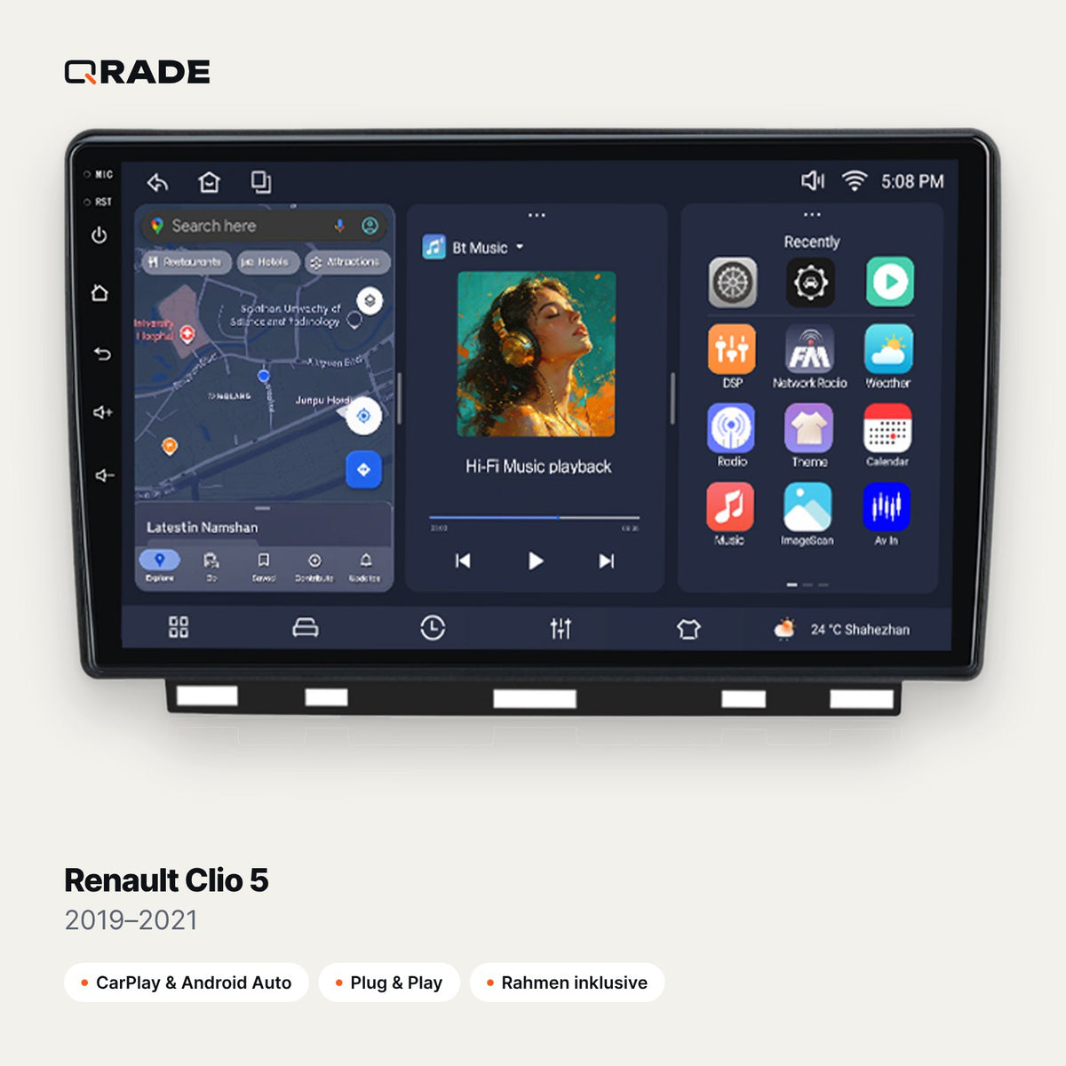 Qrade Autoradio für Renault Clio 5 (2019–2021) mit Wireless CarPlay & Android Auto