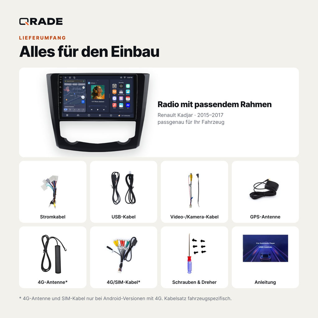 Lieferumfang: Renault Kadjar (2015–2017) – Qrade Autoradio mit Rahmen und Kabelsatz