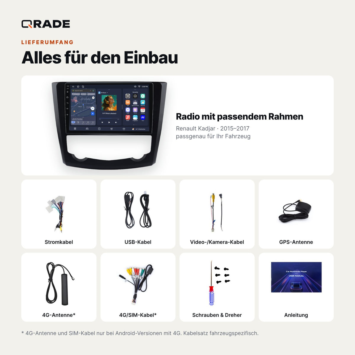 Lieferumfang: Renault Kadjar (2015–2017) – Qrade Autoradio mit Rahmen und Kabelsatz