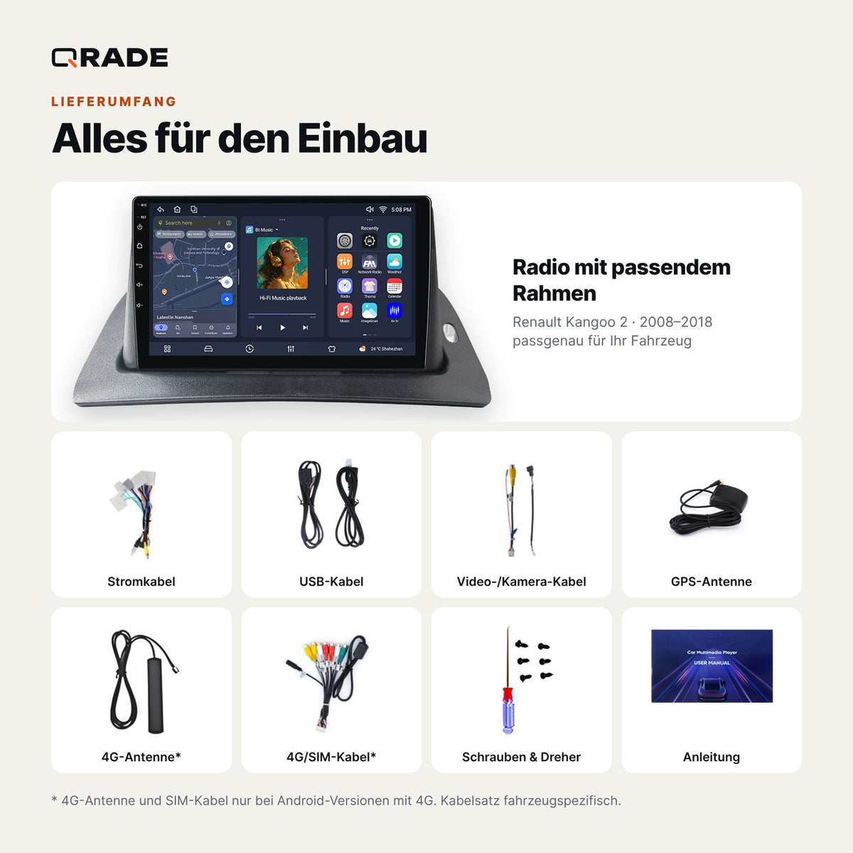 Lieferumfang: Renault Kangoo 2 (2008–2018) – Qrade Autoradio mit Rahmen und Kabelsatz