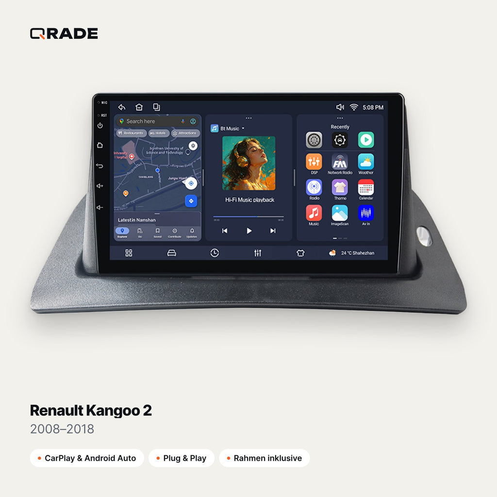 Qrade Autoradio für Renault Kangoo 2 (2008–2018) mit Wireless CarPlay & Android Auto