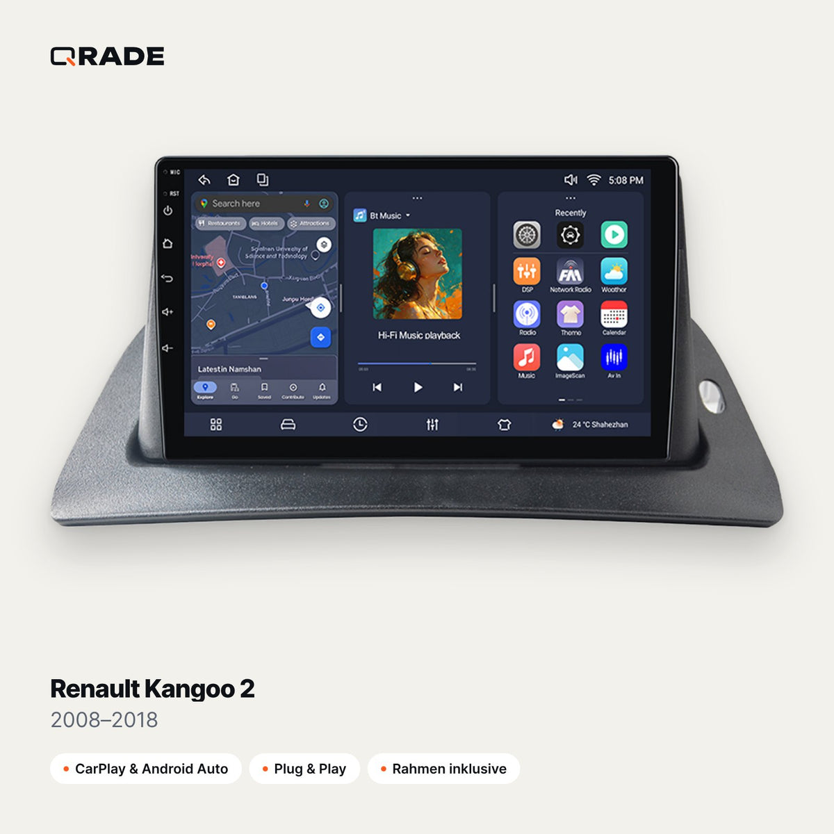 Qrade Autoradio für Renault Kangoo 2 (2008–2018) mit Wireless CarPlay & Android Auto