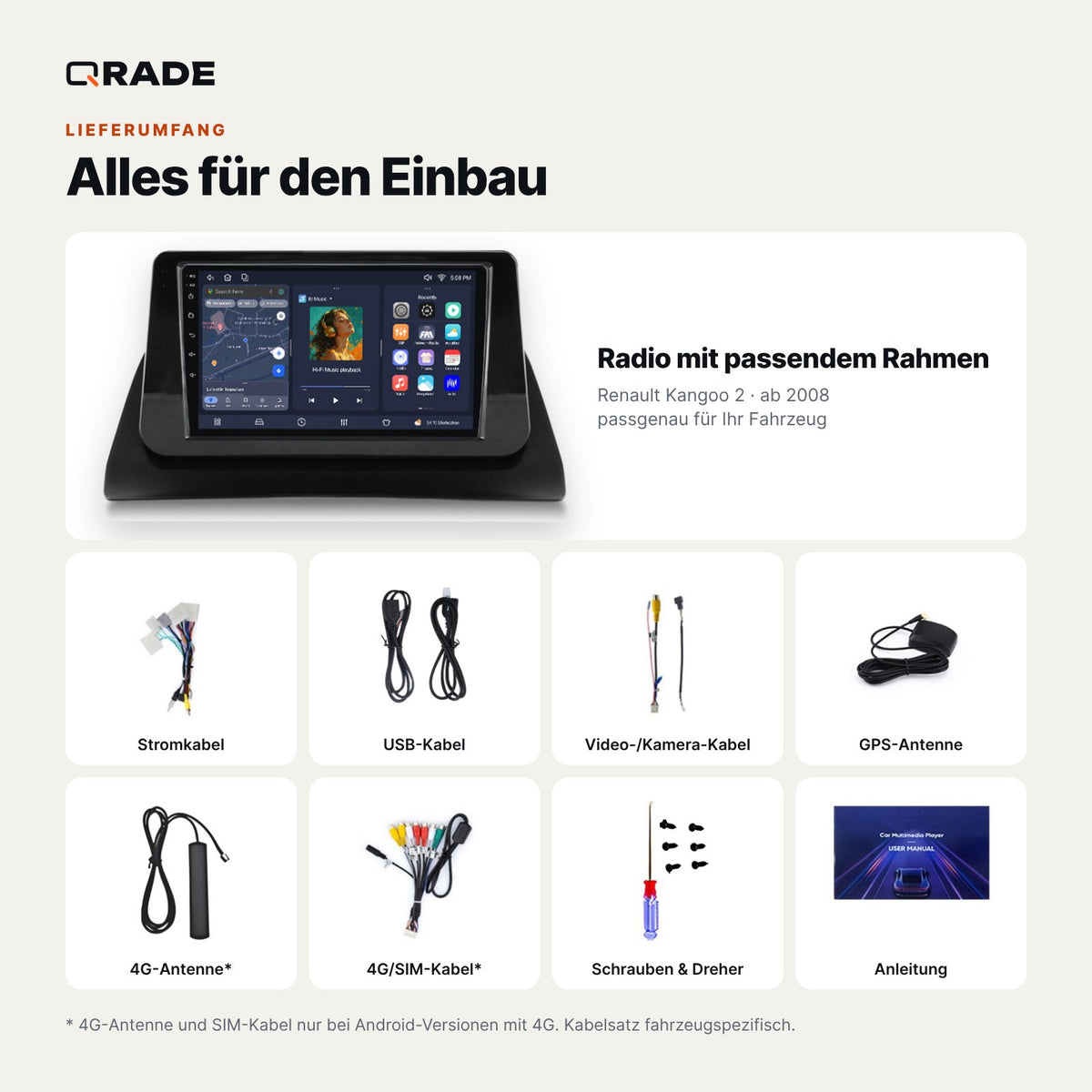 Lieferumfang: Renault Kangoo 2 (ab 2008) – Qrade Autoradio mit Rahmen und Kabelsatz