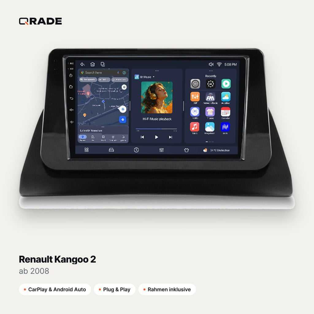 Qrade Autoradio für Renault Kangoo 2 (ab 2008) mit Wireless CarPlay & Android Auto