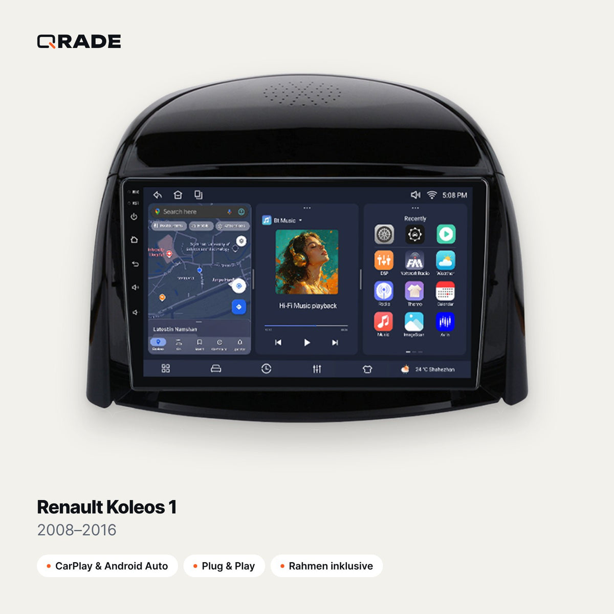 Qrade Autoradio für Renault Koleos 1 (2008–2016) mit Wireless CarPlay & Android Auto