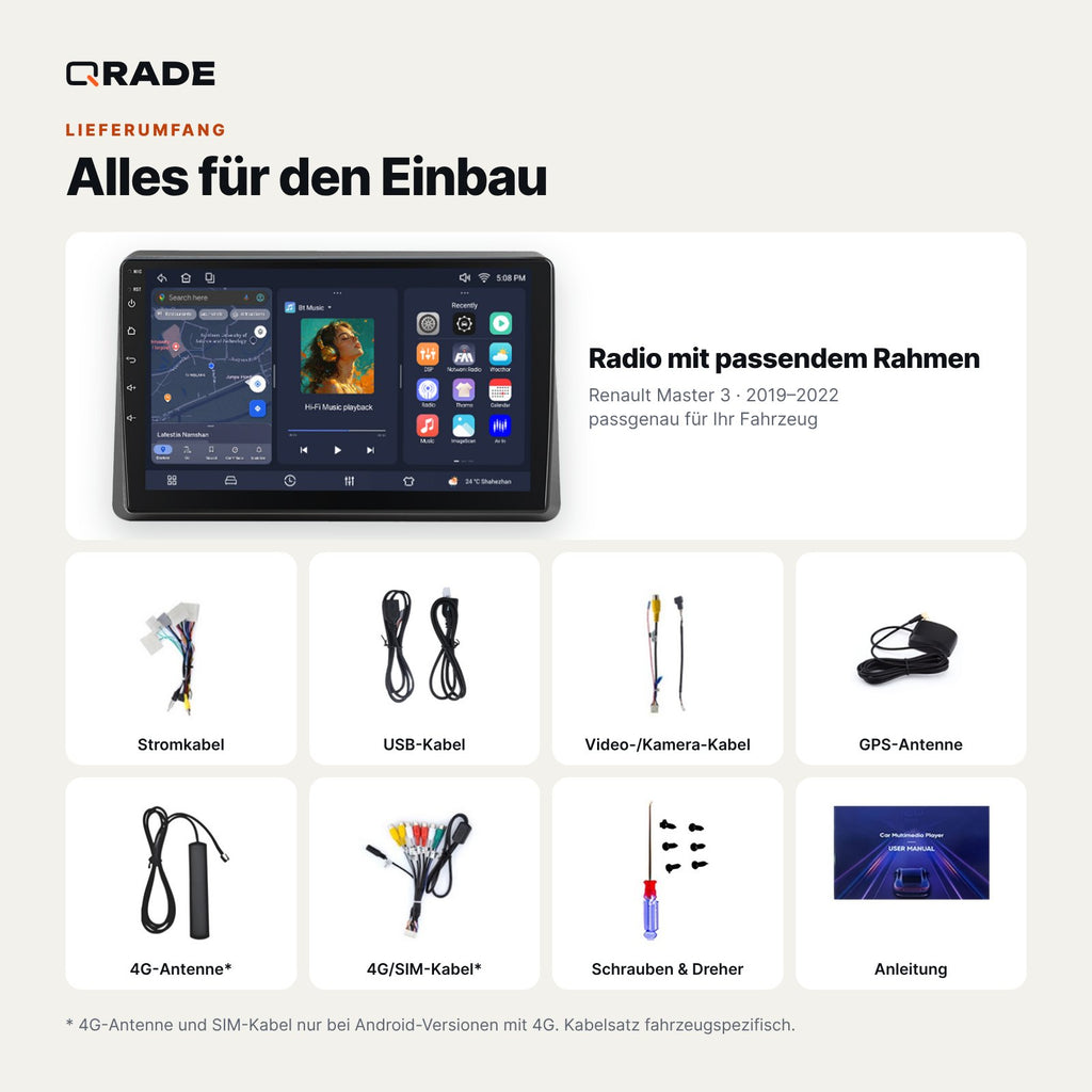 Lieferumfang: Renault Master 3 (2019–2022) – Qrade Autoradio mit Rahmen und Kabelsatz